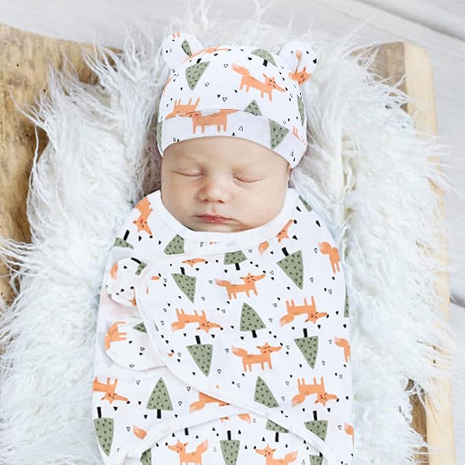 Cinaci 2 Pieces Adjustable Soft Cotton Baby Swaddle Sleep Sacks Hats Newborn - Image 6