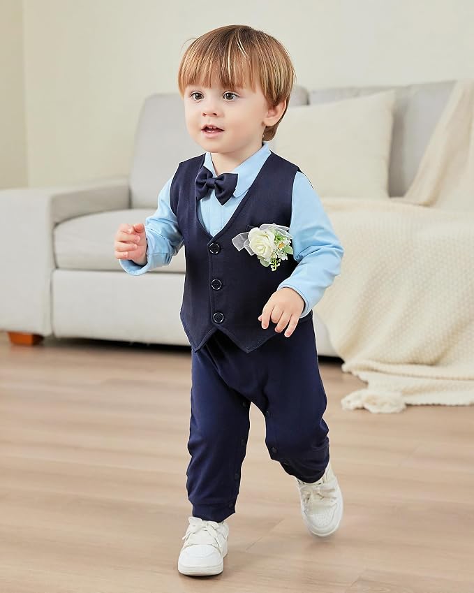 Baby Boy Clothes Gentleman Baby Suit Long Sleeve Romper+Vest+Bow Tie+Corsage - Image 3