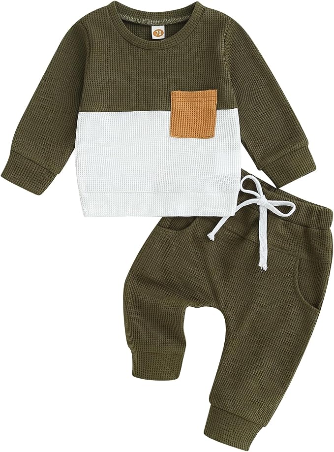 Toddler Baby Boy Fall Clothes Waffle Contrast Color Sweatshirt Pants Sets by GGBNOMER