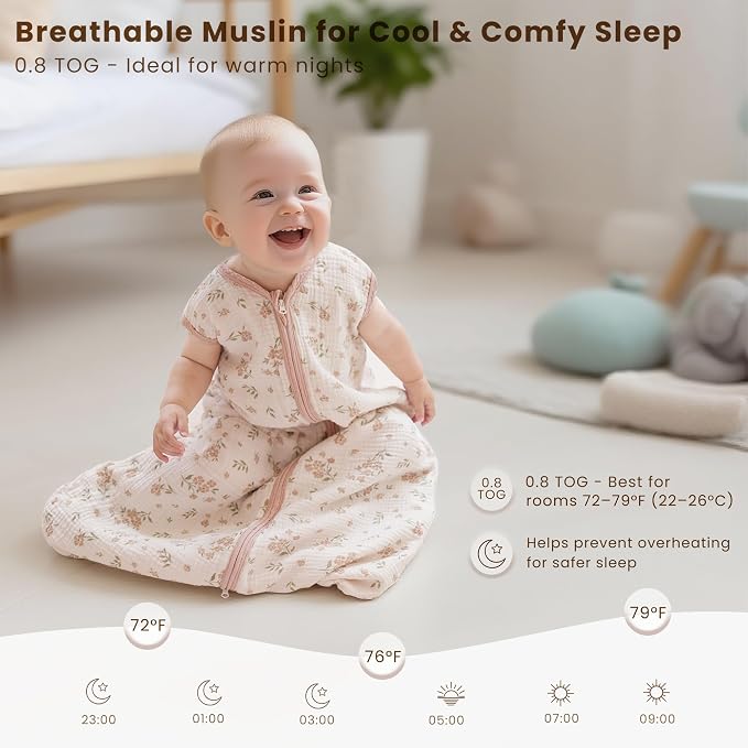 Konssy Muslin Baby Sleep Sack 6-12 Months 0.8 TOG, 2 Pack 100% Cotton Wearable - Image 4