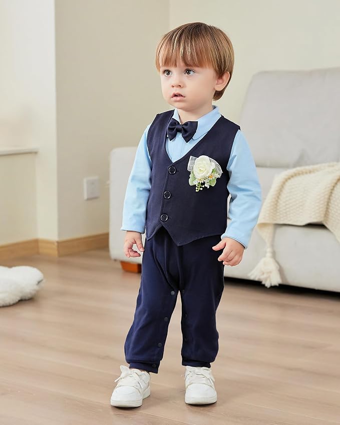 Baby Boy Clothes Gentleman Baby Suit Long Sleeve Romper+Vest+Bow Tie+Corsage - Image 4
