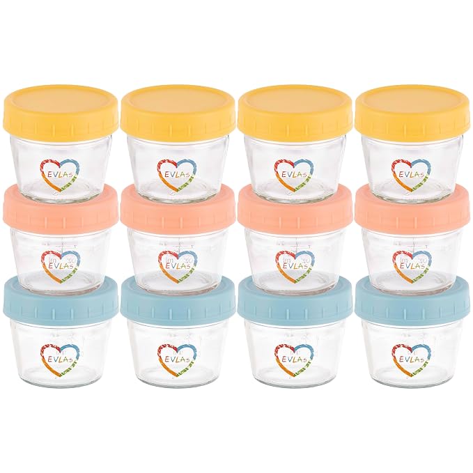 EVLAs Baby Food Containers 12-Pack - 4 oz Glass Jars - BPA-Free by EVLAS