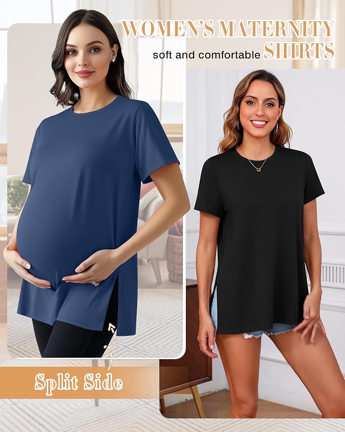 Ficerd 3 Pack Women's Maternity T Shirts, Short Sleeve Side Split Pregnancy - Image 2