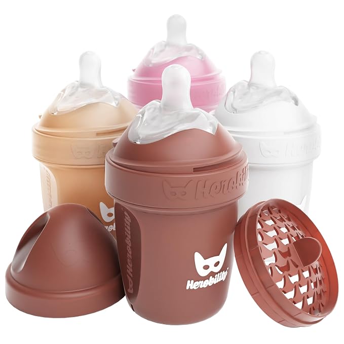 Herobility Double Anti-Colic Baby Bottles – 5 fl oz/140ml – 4-Pack – Multicolor by Herobility