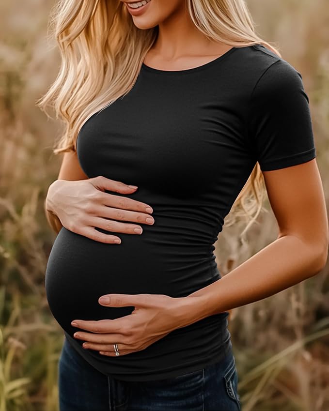 Huukeay 4 Pack Women's Maternity Shirts, Crew Neck Maternity Top Short Sleeve - Image 5