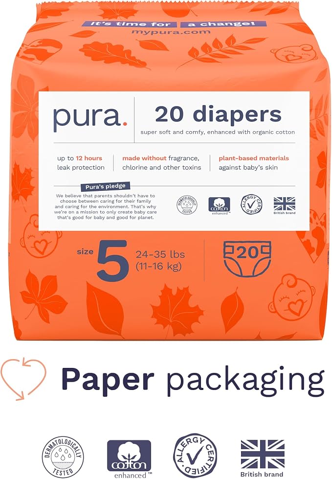 Pura Size 5 Eco-Friendly Diapers Totally Chlorine Free, Hypoallergenic - Image 2