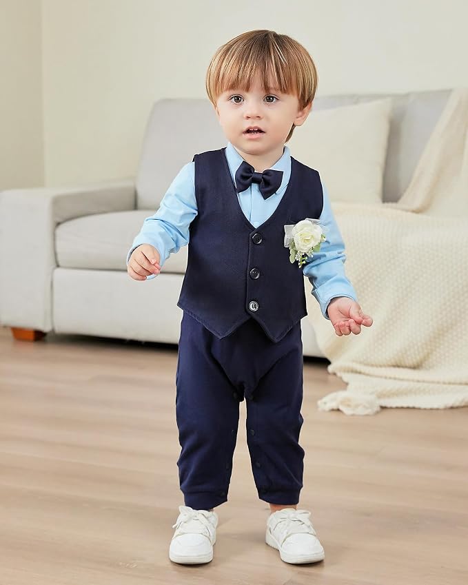Baby Boy Clothes Gentleman Baby Suit Long Sleeve Romper+Vest+Bow Tie+Corsage - Image 2