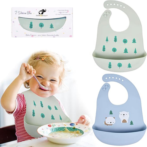 2 Pack Silicone Baby Bibs Adjustable Fit Waterproof Bib by BebeFavour