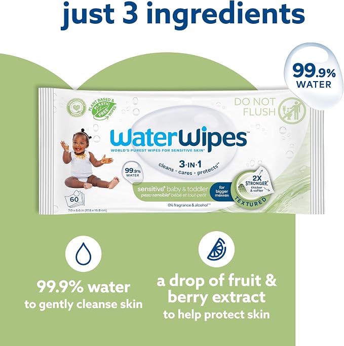 WaterWipes Sensitive+ Baby & Toddler Wipes, 3-In-1 Cleans, 99.9% Water - Image 4