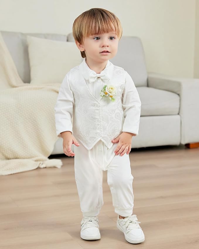 Baby Boy Clothes Gentleman Baby Suit Long Sleeve Romper+Vest+Bow Tie+Corsage - Image 4