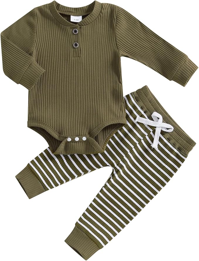 Newborn Baby Boy Girl Clothes Ribbed Knitted Long Sleeve Romper Pants Solid by MABABY