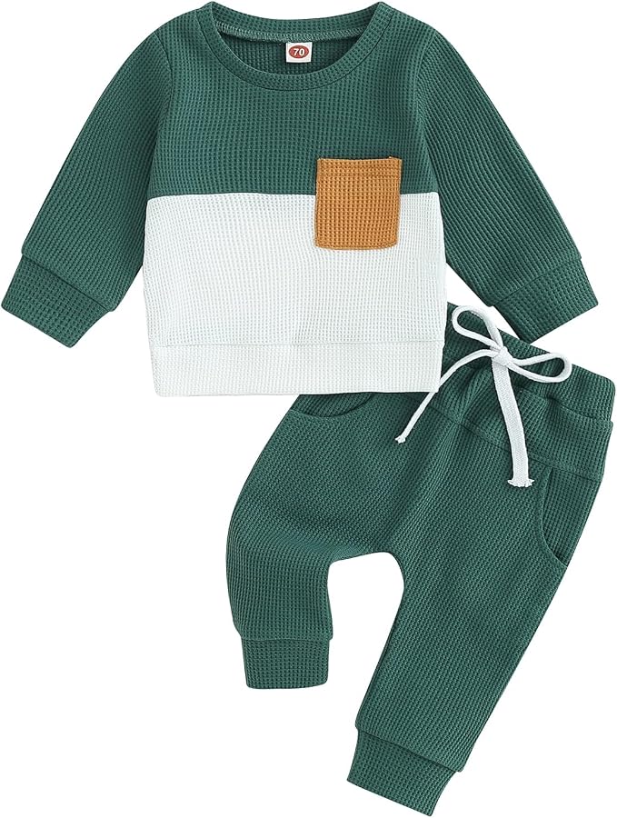 Toddler Baby Boy Fall Clothes Waffle Contrast Color Sweatshirt Pants Sets by GGBNOMER