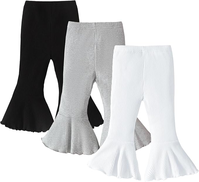 SOBOWO Baby Girl Flare Pants 3 Pack Toddler Solid Ribbed Ruffle Bell Bottoms by SOBOWO