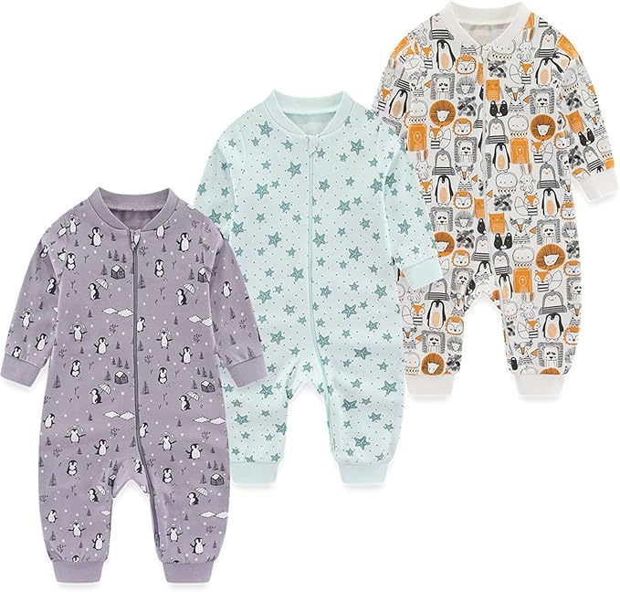 Newborn Baby 2-way Zipper Romper Cotton One-piece Jumsuit 3-pack, 0-24 Months by MAMIMAKA