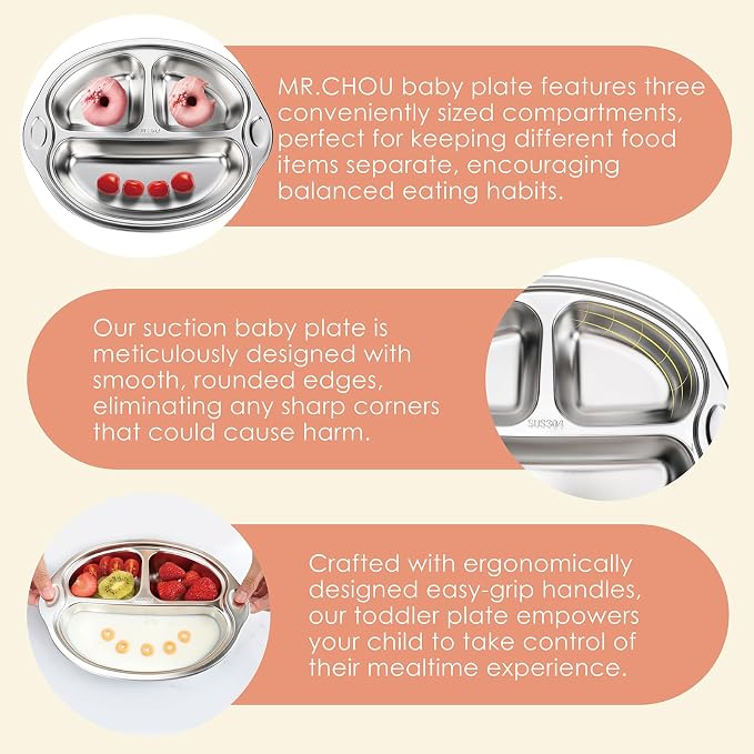 MR. CHOU Stainless Steel Divided Toddler Plate, Suction Baby Plates - Image 2