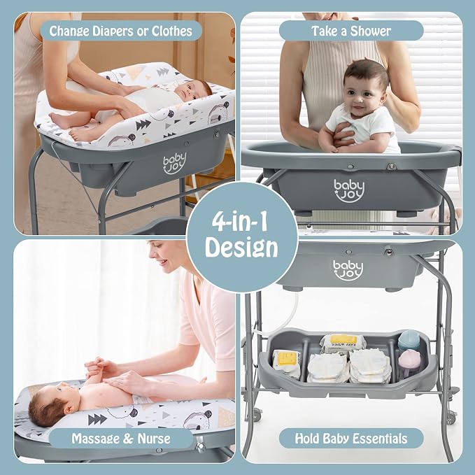 BABY JOY Baby Bathtub with Changing Table, Foldable Infant Diaper Changing - Image 2