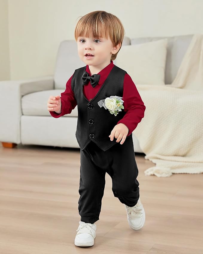 Baby Boy Clothes Gentleman Baby Suit Long Sleeve Romper+Vest+Bow Tie+Corsage - Image 3
