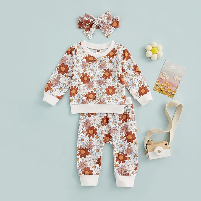3Pcs Baby Girl Outfits Daisy Sweatshirt + Pants + Headband Infant Fall Winter - Image 5