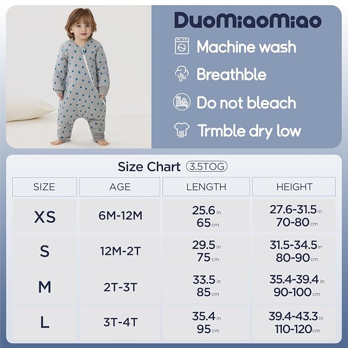 Duomiaomiao 3.5 TOG Toddler Sleep Sack 2-3T 100% Cotton Winter Side Open Zipper - Image 6