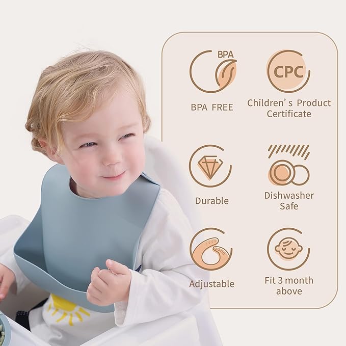 Moonkie Silicone Bibs Set Of 3, BPA Free Soft Adjustable Fit Waterproof Feeding - Image 2