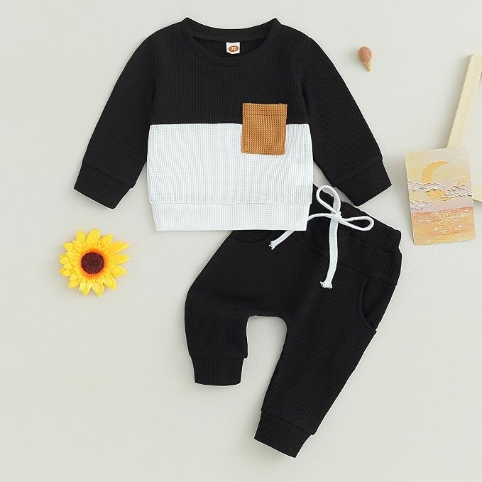 Toddler Baby Boy Fall Clothes Waffle Contrast Color Sweatshirt Pants Sets - Image 2