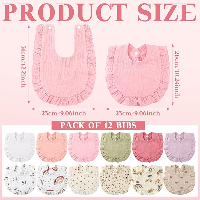 Geyoga 12 Pack Muslin Baby Bibs Adjustable Bandana Drool Bib - Image 3