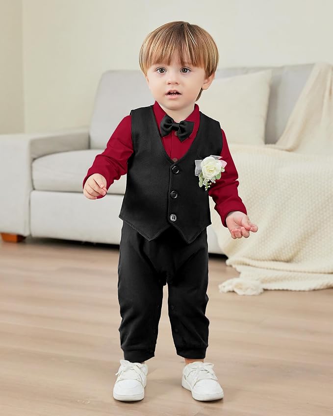 Baby Boy Clothes Gentleman Baby Suit Long Sleeve Romper+Vest+Bow Tie+Corsage - Image 2