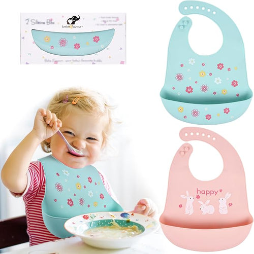2 Pack Silicone Baby Bibs Adjustable Fit Waterproof Bib by BebeFavour