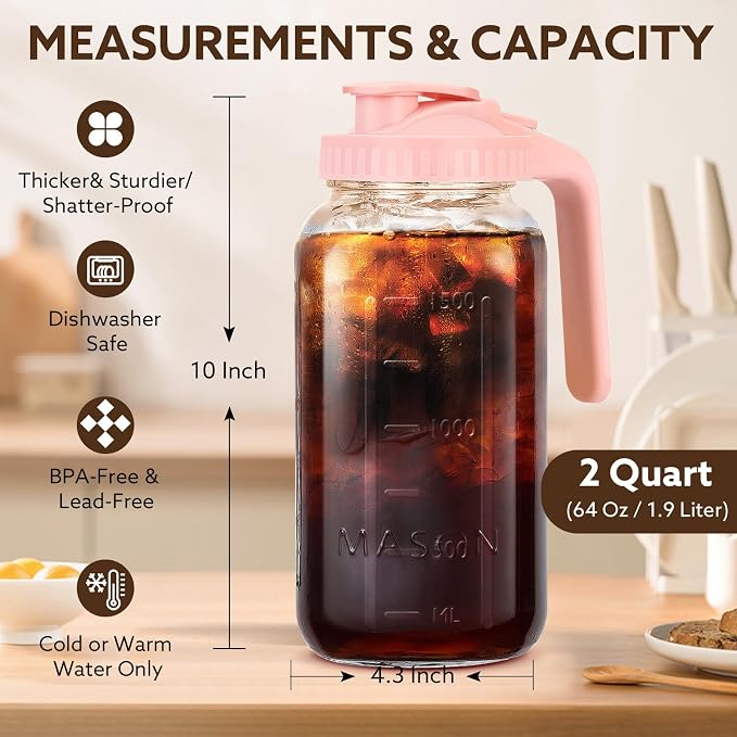 Glass Pitcher with Lid, 64 OZ Mason Jar Pitcher Double Leak Proof, 2 Quart - Image 5