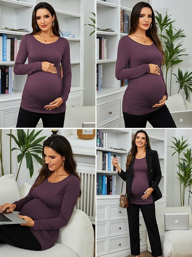 Ecavus Women's Maternity Shirts Long Sleeve Soft Stretchy Pregnancy Tops Side - Image 6