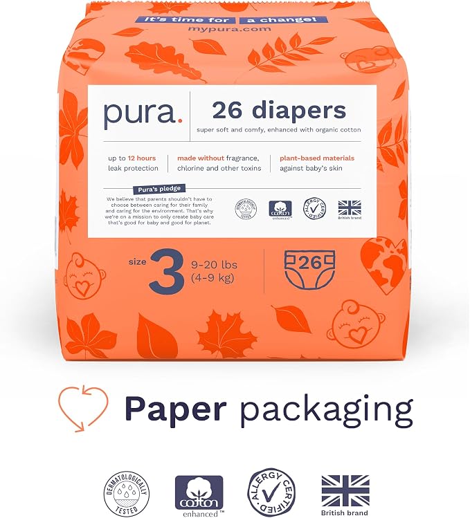 Pura Size 3 Eco-Friendly Diapers Totally Chlorine Free Hypoallergenic, Soft - Image 2