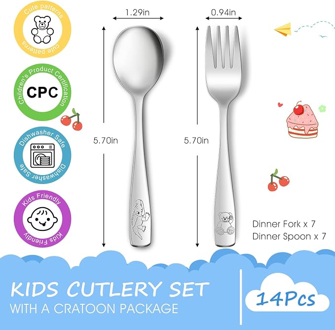 14-Piece Toddler Flatware, Kids Utensils Stainless Steel Cutlery Set, Children - Image 2