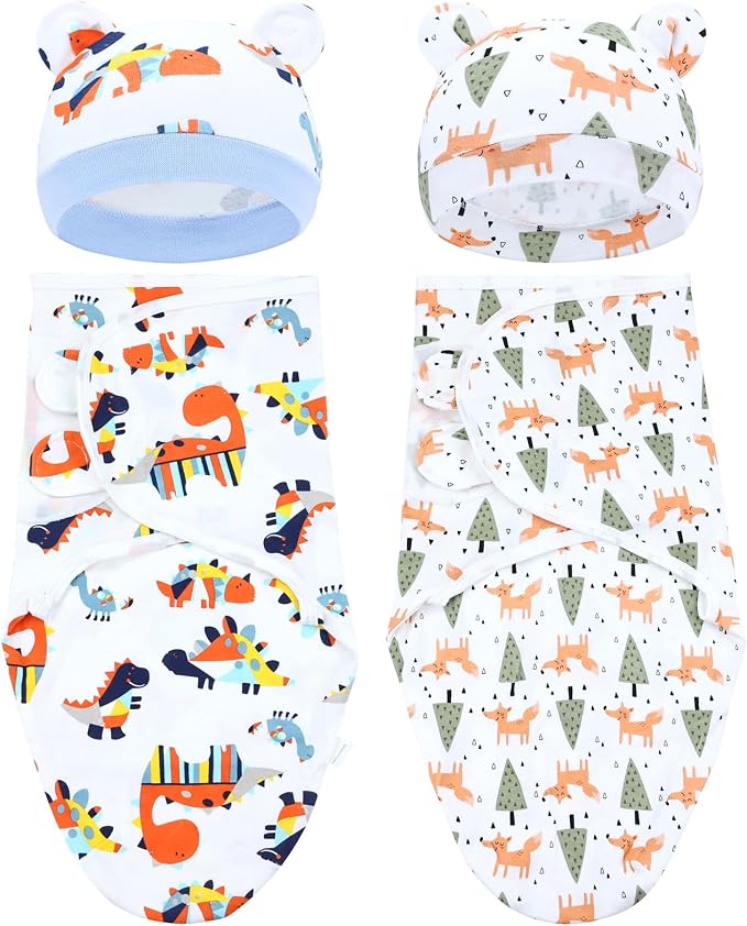 Cinaci 2 Pieces Adjustable Soft Cotton Baby Swaddle Sleep Sacks Hats Newborn by Cinaci