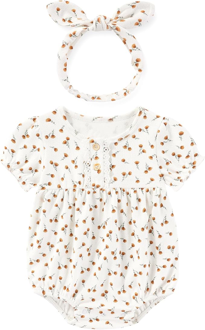 Newborn Baby Girl Clothes Cotton Bubble Romper Floral Short Sleeve Bodysuit 3 - Image 2