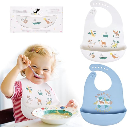 2 Pack Silicone Baby Bibs Adjustable Fit Waterproof Bib by BebeFavour