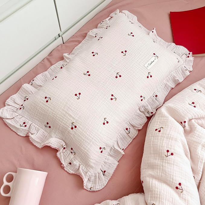 BuLuTu Cotton Muslin Ruffle Edge Kids Toddler Pillowcase Standard, Cherry by BuLuTu