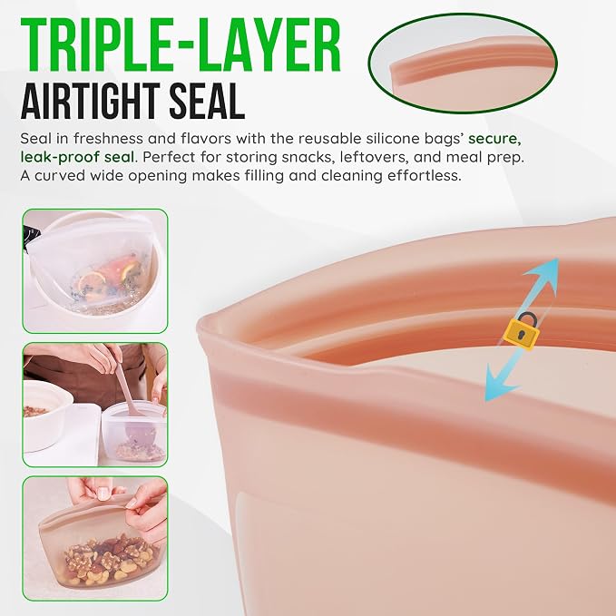 Premium Platinum Silicone Reusable Food Storage Bag 3.6 Cup, Airtight Zip Lock - Image 6