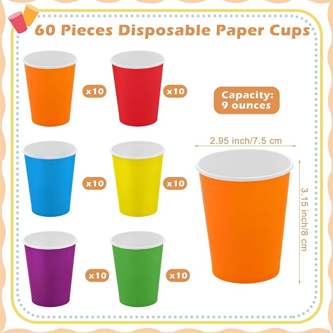 URATOT 60 Pieces 9 Ounce Disposable Paper Cups Rainbow Party Cups Drinking Cups - Image 2
