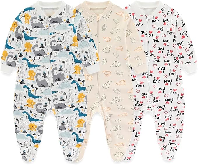 Newborn Baby 2-way Zipper Romper Cotton One-piece Jumsuit 3-pack, 0-24 Months by MAMIMAKA
