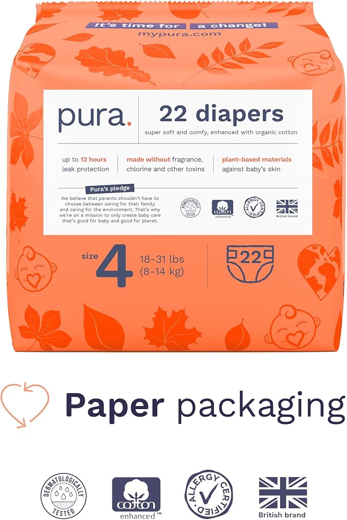 Pura Size 4 Eco-Friendly Diapers Totally Chlorine Free Hypoallergenic, Soft - Image 2