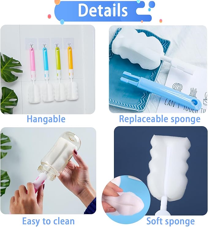 Bottle Brush 8PCS Sponge Cup Brush Set Cup Scrubber Brush Portable Long Handle - Image 3
