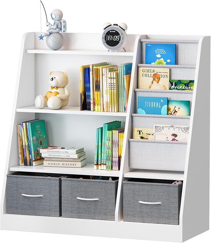 White Kids Bookshelf Wood Toy Storage Organizer Cabinet Children Bookcase - Image 3