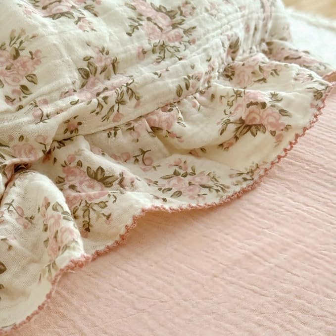 BuLuTu Muslin Cotton Toddler Pillowcases 14"x20", Shabby Chic Pink Floral Kids - Image 3