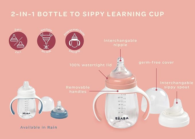 BEABA 2-in-1 Baby Bottle to Transition Sippy Cup, No Spill Sippy Cup, Includes - Image 8