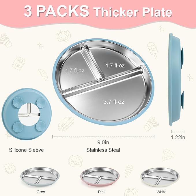 Bella's Friends Stainless Steel Toddler Plates Silicone Suction, 3 Packs - Image 3