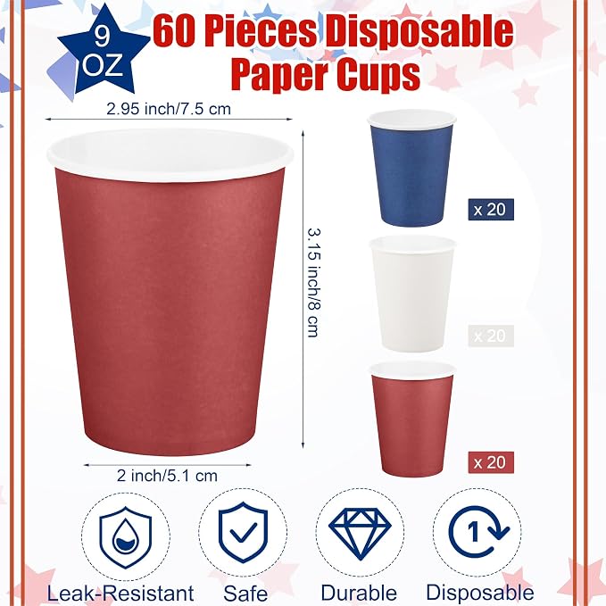 URATOT 60 Pieces 4th of July 9 Ounce Disposable Paper Cups Patriotic Blue White - Image 2