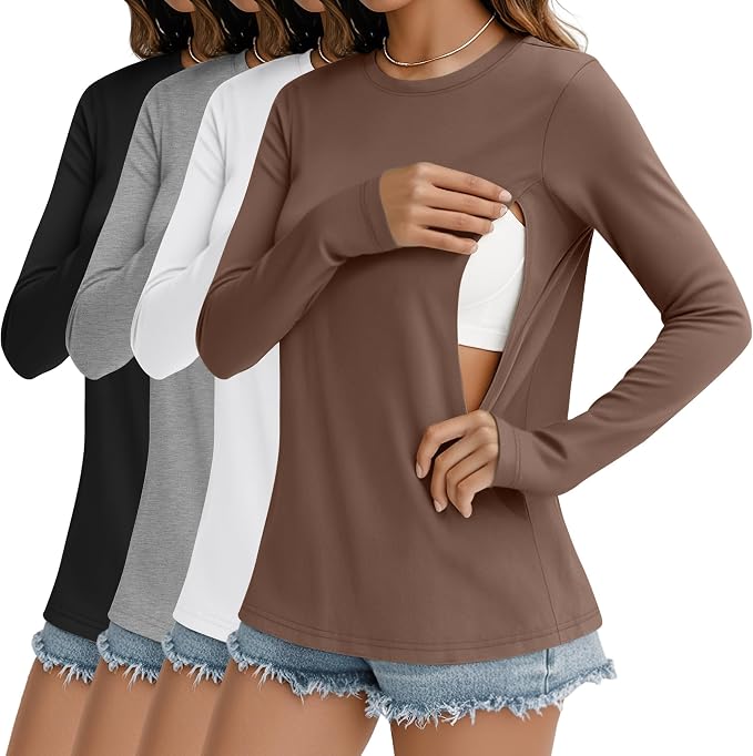4 Pack Women's Nursing Breastfeeding Tops, Long Sleeve Maternity Shirts Loose by Sweetyweee