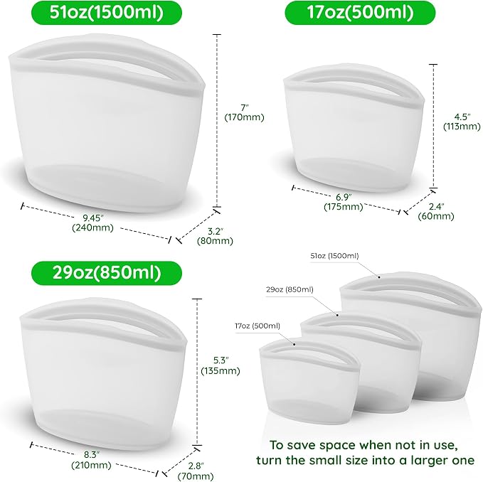 Premium Platinum Silicone Reusable Food Storage Bags 3-Pack, Airtight Zip Lock - Image 7