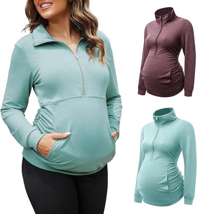 GINKANA Maternity Women's Long Sleeve Shirt Half Zipper Lapel Lightweight by GINKANA