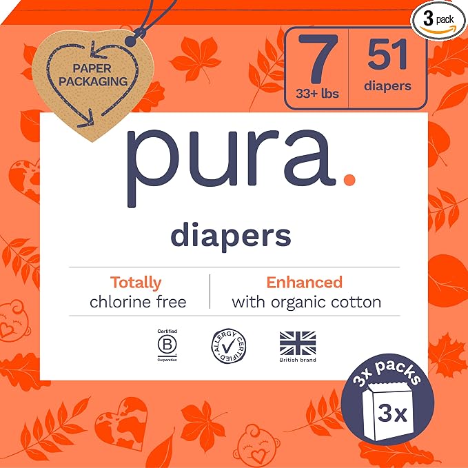 Pura Size 7 Eco-Friendly Diapers Totally Chlorine Free Hypoallergenic, Soft by MyPura